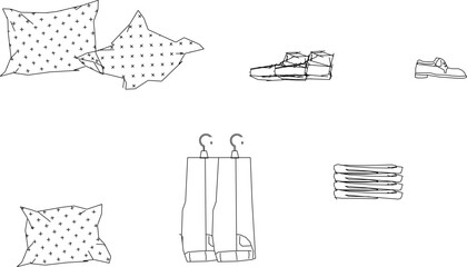 Vector sketch illustration of the silhouette of a shop window containing fashion accessories and pillows.eps