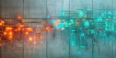 A brushed aluminum texture transitioning into a futuristic mural of glowing grids and circuitry, illuminated by teal and orange lights.