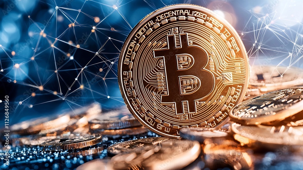 Poster glowing and radiant digital currency icon such as bitcoin at the center of a web of interconnected n