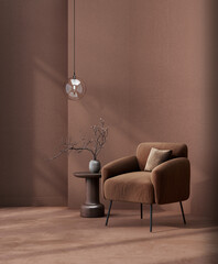 Brown armchair and plaster walls - minimal lounge room design. Chocolate colors trendy Mocha mousse 2025.