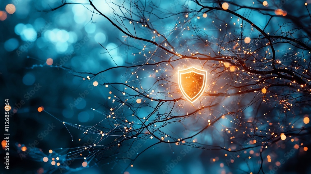 Poster secure transaction process visualized by glowing shield icon within a digital network with soft blur