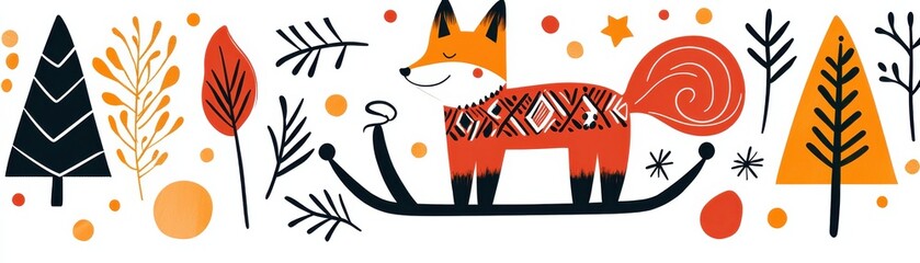 A whimsical illustration of a fox on a sled surrounded by autumn leaves and trees, showcasing a playful, colorful design.