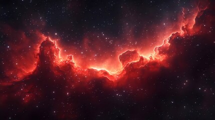 A red cloud of gas and dust in space with many stars