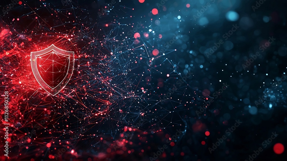 Poster secure digital transaction process visualized with glowing shield icon in a soft blurred digital net
