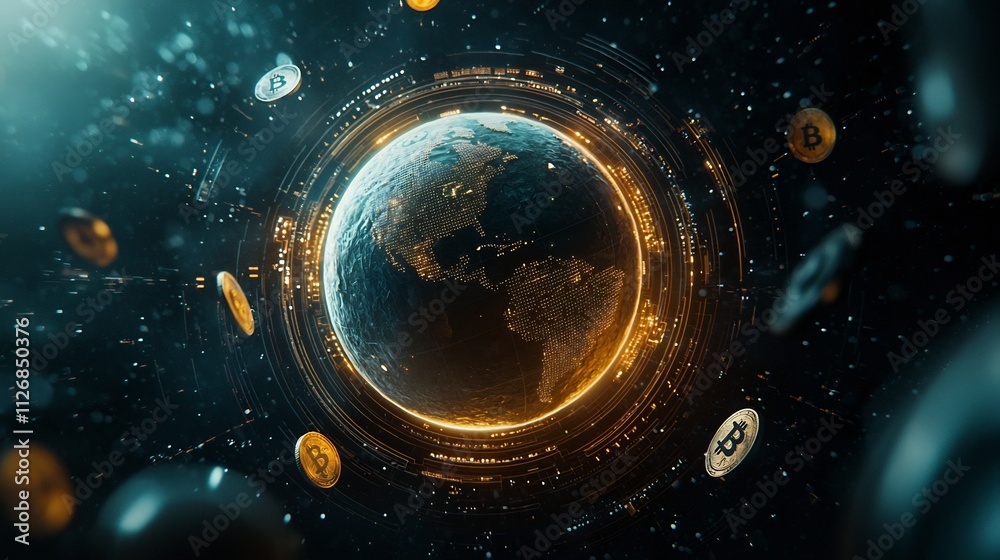Poster holographic globe surrounded by fintech icons like wallets graphs and coins with an interconnected n