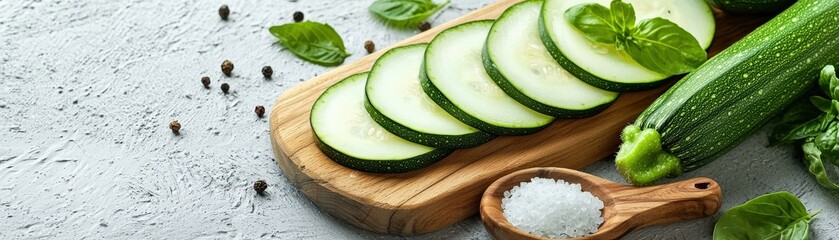 Sliced zucchini rounds arranged neatly on a wooden board with salt and pepper.