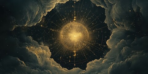 A cosmic constellation map glowing in gold, surrounded by swirling clouds and faint stardust, softly illuminated by ambient light.