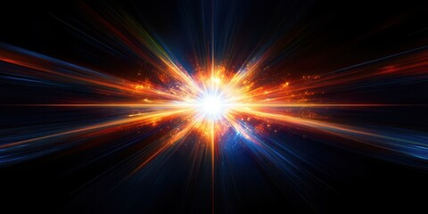 A vibrant explosion of colorful light streaks in space, with bold blues and warm oranges radiating from a bright central point, creating depth.