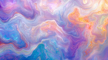 Ethereal holographic texture with iridescent rainbow hues swirling and shifting creating mesmerizing abstract patterns on pearlescent background. Opalescent. Illustration