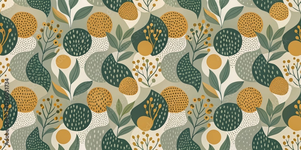 Poster a seamless pattern featuring abstract foliage and swirling shapes in shades of muted green and yello