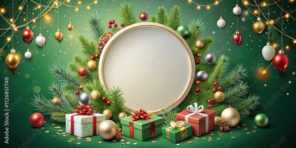 Poster festive holiday design with christmas decorations and presents surrounding a blank circular space fo