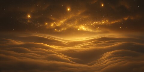 A serene night sky with golden constellations and softly illuminated swirling clouds.