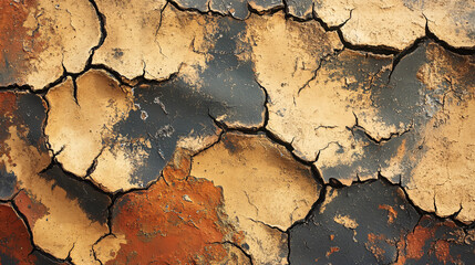 Abstract texture of cracked, dried paint, in earthy tones, with natural, organic patterns. 