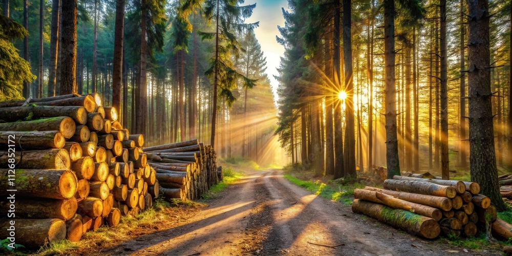 Poster A sunlit path through a forest of tall trees, with golden rays illuminating the way and a pile of logs lying beside the path.