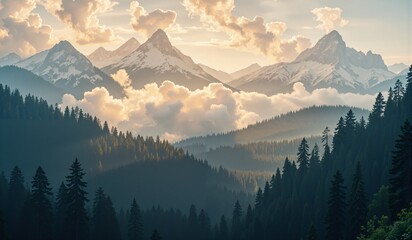 Fototapeta premium Aerial view of mountain peak above fluffy clouds