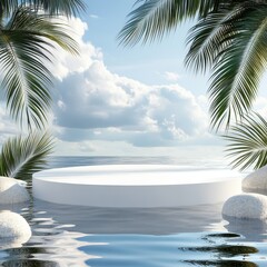 3d background product display podium scene with leaf geometric platform,cloud and sky, palm shadows and white stone podium,Mockup for eco beauty cosmetic advertising,Copy space.