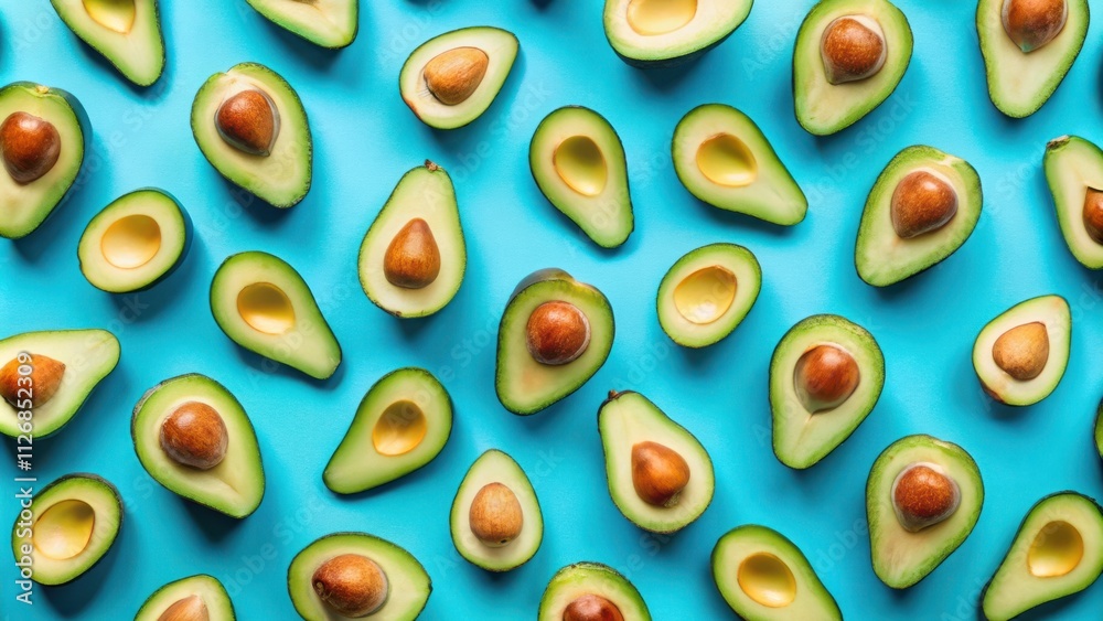 Poster Avocado Halves Arranged in a Repeating Pattern on a Vibrant Blue Background