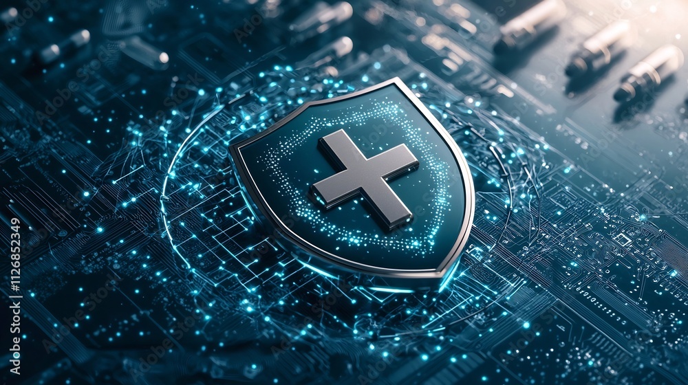 Poster secure medical data icon such as a shield with a cross surrounded by a digital network of lines and 
