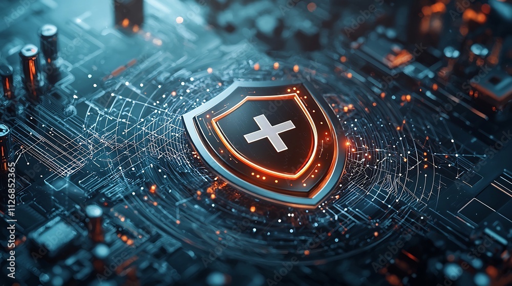 Poster secure medical data icon such as a shield with a cross surrounded by a digital network of lines and 