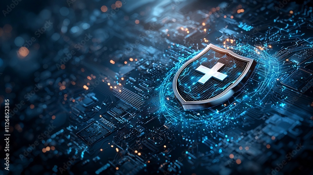 Poster secure medical data icon with digital network of lines and nodes on dark blue background with copy s