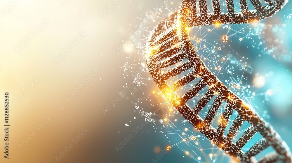 Poster a photograph showcasing a glowing dna strand connected to a network of digital nodes set against a s