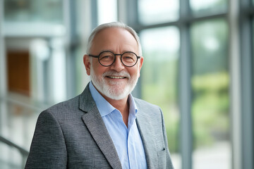 Fototapeta premium Portrait of successful senior businessman consultant looking at camera and smiling inside modern office building