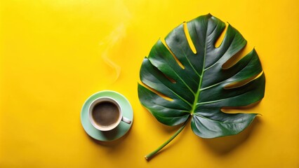 A steaming cup of coffee rests on a green saucer, nestled beside a large, vibrant green leaf, creating a serene and inviting ambiance.