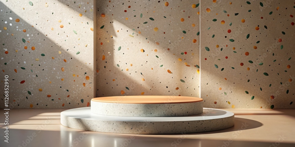 Poster Two-tiered circular platform in the center of a room with textured beige walls featuring scattered colorful flecks and leaves, illuminated by natural light