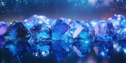 A collection of glowing gemstones emitting vivid blue hues, arranged symmetrically on a smooth reflective surface, surrounded by subtle cosmic sparkles.