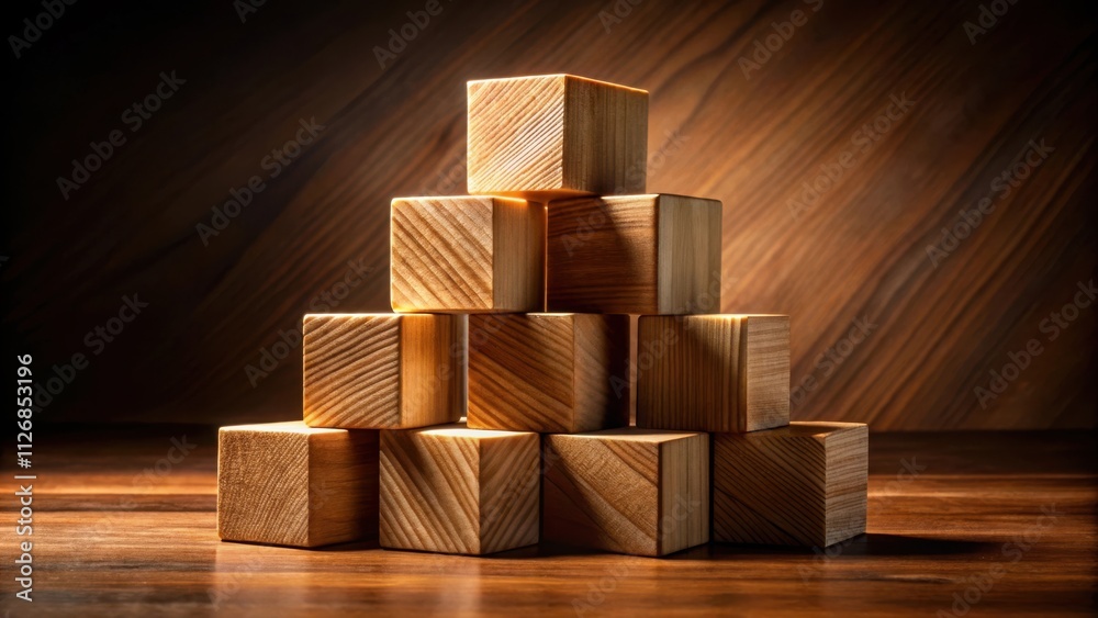 Poster a pyramid of wooden blocks arranged in a simple yet striking composition, capturing the essence of s