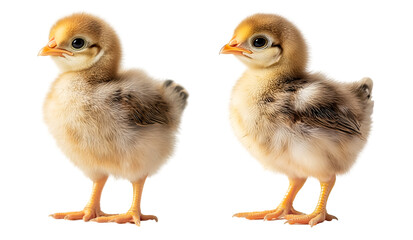 Fototapeta premium Baby chicks with fluffy feathers and curious poses, PNG image, Cutout, Isolated on white background