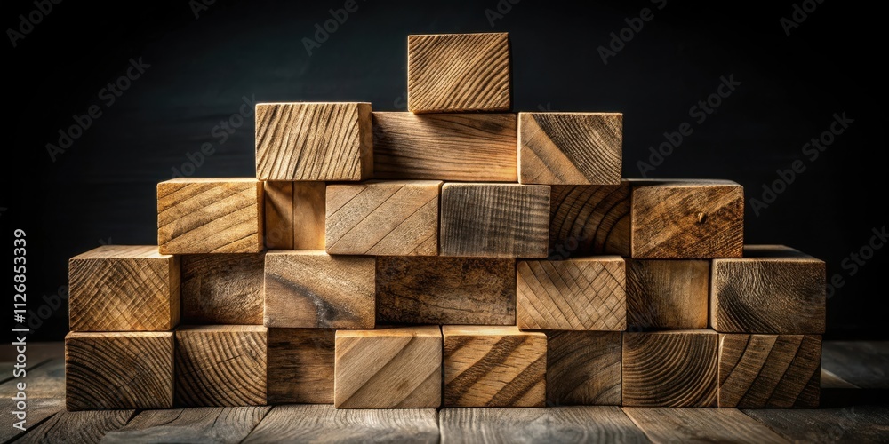 Poster A rustic arrangement of wooden blocks stacked in a pyramid-like shape against a dark backdrop, showcasing the natural beauty of the wood grain and creating a visually appealing pattern