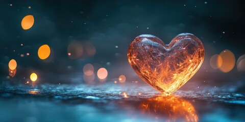 A single glowing heart-shaped crystal resting on a smooth surface, casting faint reflections and surrounded by floating starry lights.