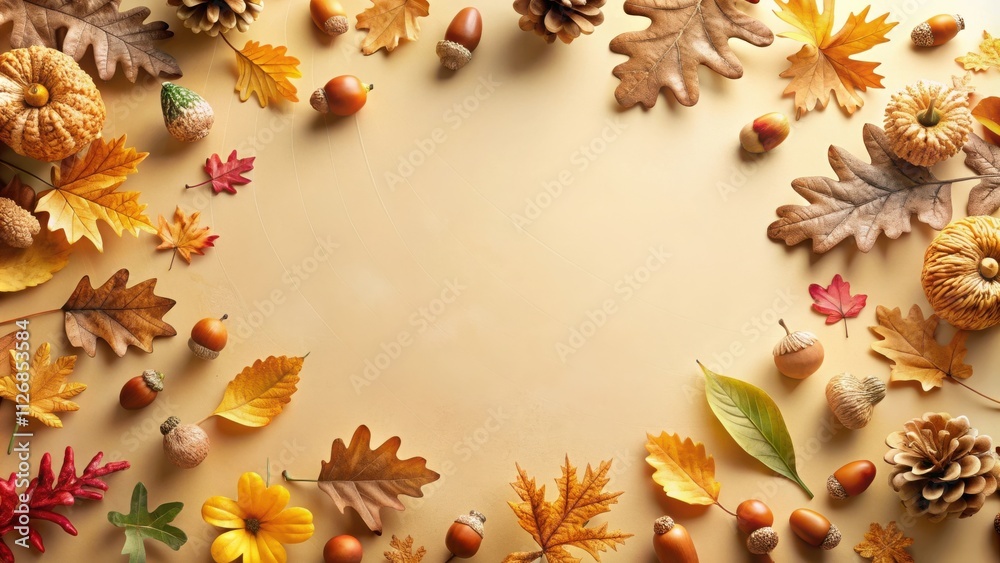 Poster autumnal elements frame with a creamy background and copy space for seasonal greetings