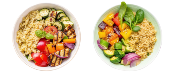 Two healthy quinoa bowls with vegetables isolated with transparent background