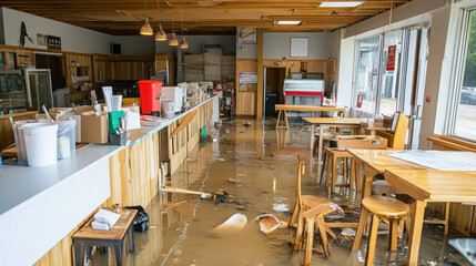 Flooded restaurant showing severe water damage after natural disaster