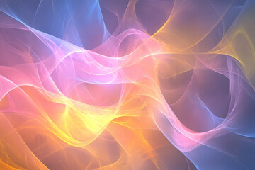 Obraz premium An abstract digital background of soft glowing waves in muted pink, yellow, and blue, creating a calm digital ambiance.