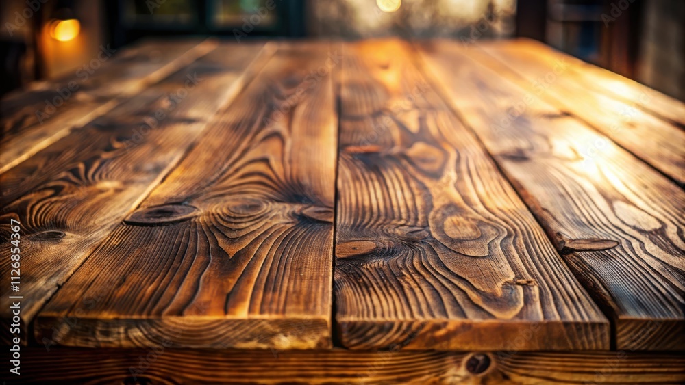 Poster a close-up view of a weathered wood table with warm light illuminating the surface