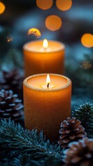 Cozy Christmas Candle Scene with Pine Cones and Greenery on Wooden Table