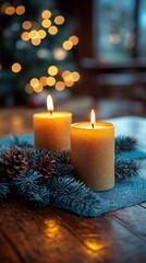 Cozy Christmas Candles Burning on Decorated Festive Table
