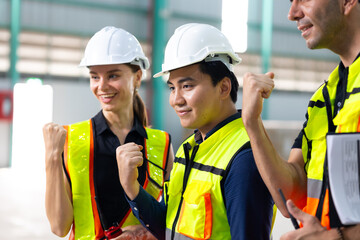 Blueprint plan construction architecture. Professional engineering people brainstorming and teamwork. Ethnic diversity warehouse worker people, Success teamwork. engineering hardhat safety helmet