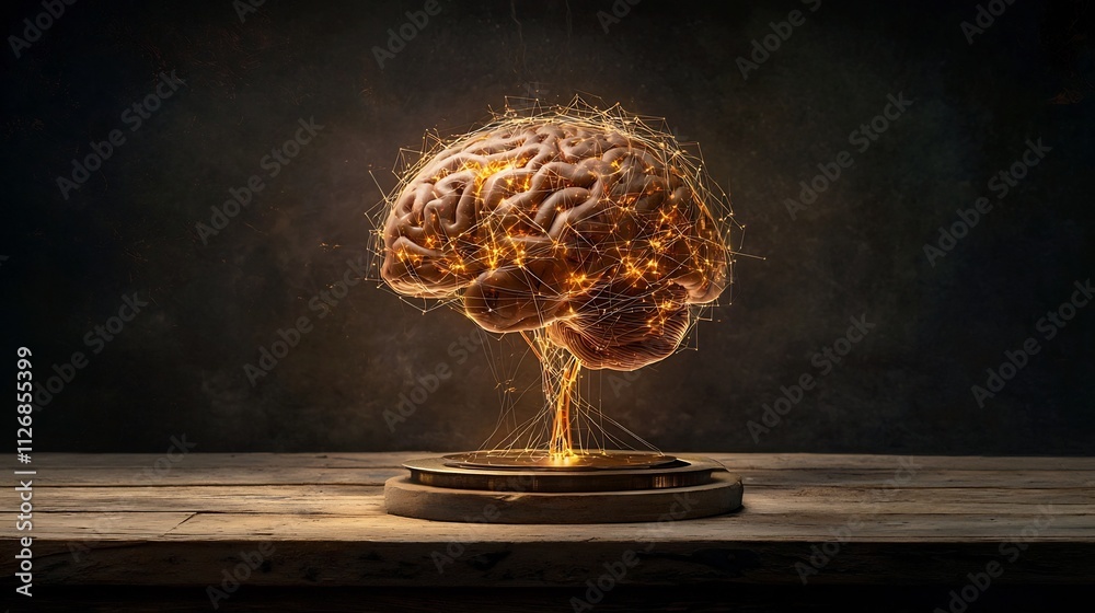 Poster illuminated 3d brain model with glowing neural network patterns symbolizing cognitive support and en