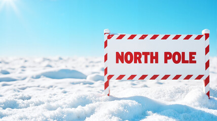 Candy-striped North Pole sign in snowy field