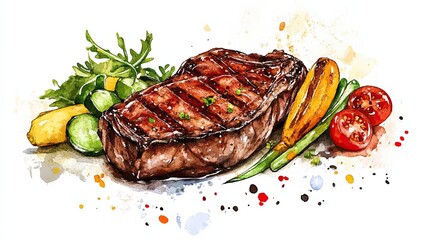 Grilled Steak with Vegetables and Watercolor Splashes