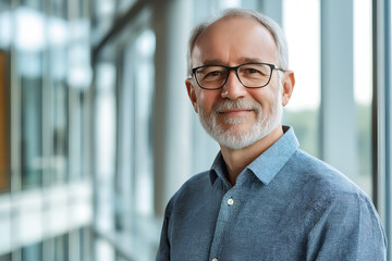 Fototapeta premium Portrait of successful senior businessman consultant looking at camera and smiling inside modern office building
