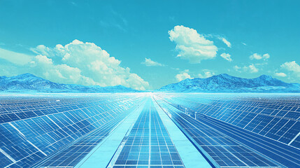 Blueprint-style illustration of a solar farm in the desert, with rows of panels absorbing sunlight, representing renewable energy. 