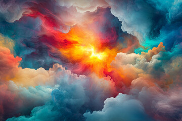 A vibrant color smoke background of vivid scarlet, deep teal, and luminous white clouds, radiating energy.