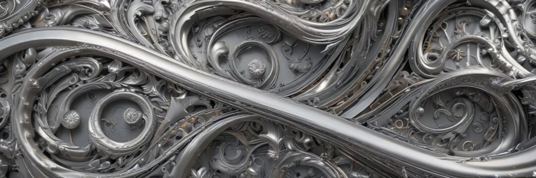 Abstract metallic background with intricate silver patterns and swirling shapes, swirling, decorative
