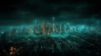 A photograph of a futuristic elderly friendly cityscape with glowing lines representing interconnected infrastructure and services for enhanced mobility accessibility and of life for aging residents