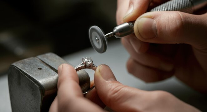 Close-up of jeweler polishing diamond ring